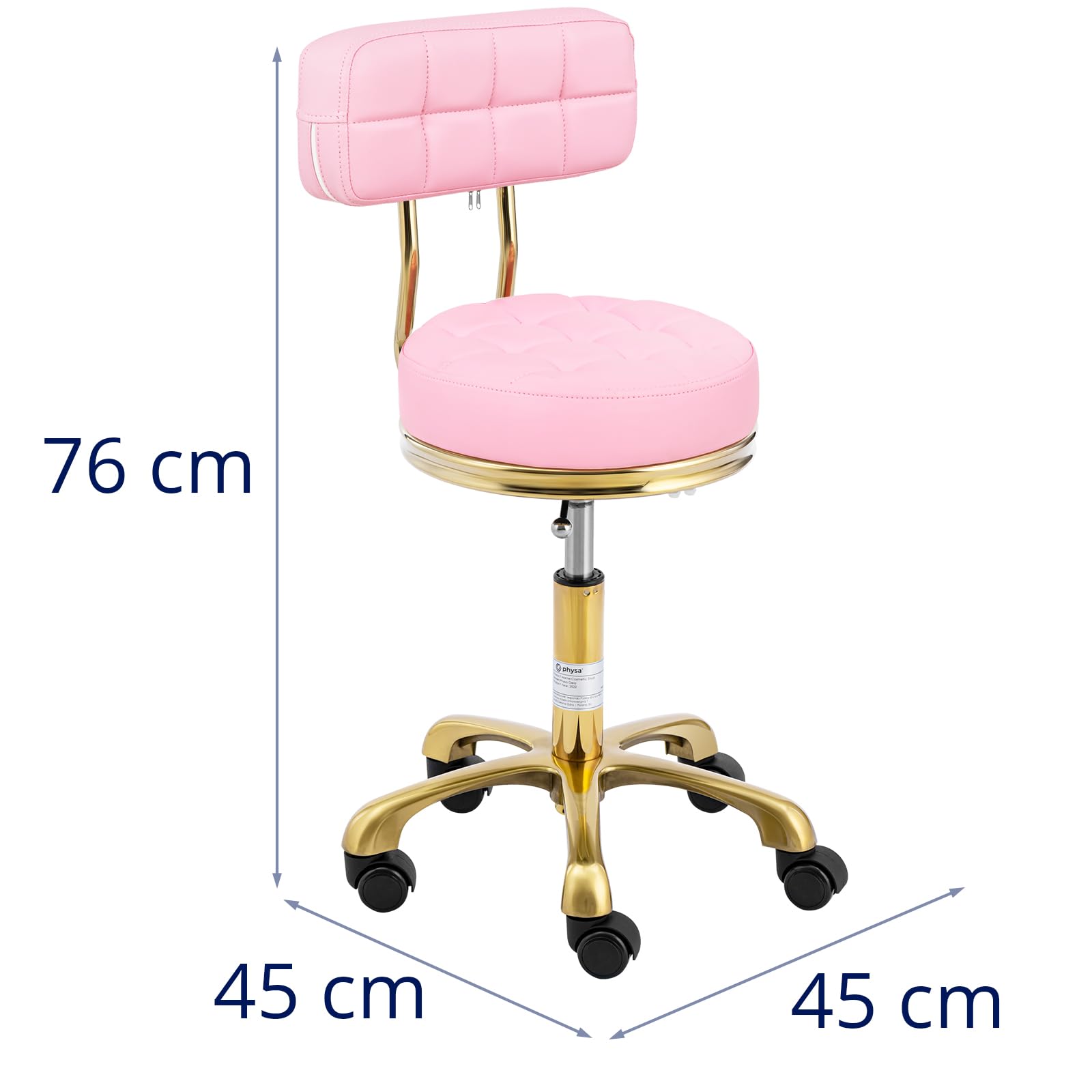 Physa Rollhocker mit Lehne 48-61 cm 150 kg Zartrosa/Golden höhenverstellbarer Friseurhocker Kosmetikhocker Praxishocker