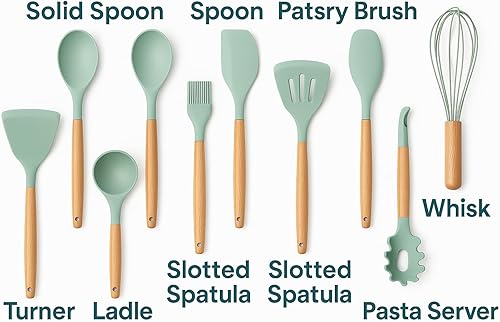 Miniatura 8 de MaxLife - Juego de utensilios de cocina de silicona con soporte, 12 piezas, verde salvia, asas de madera, resistentes al calor, espátulas