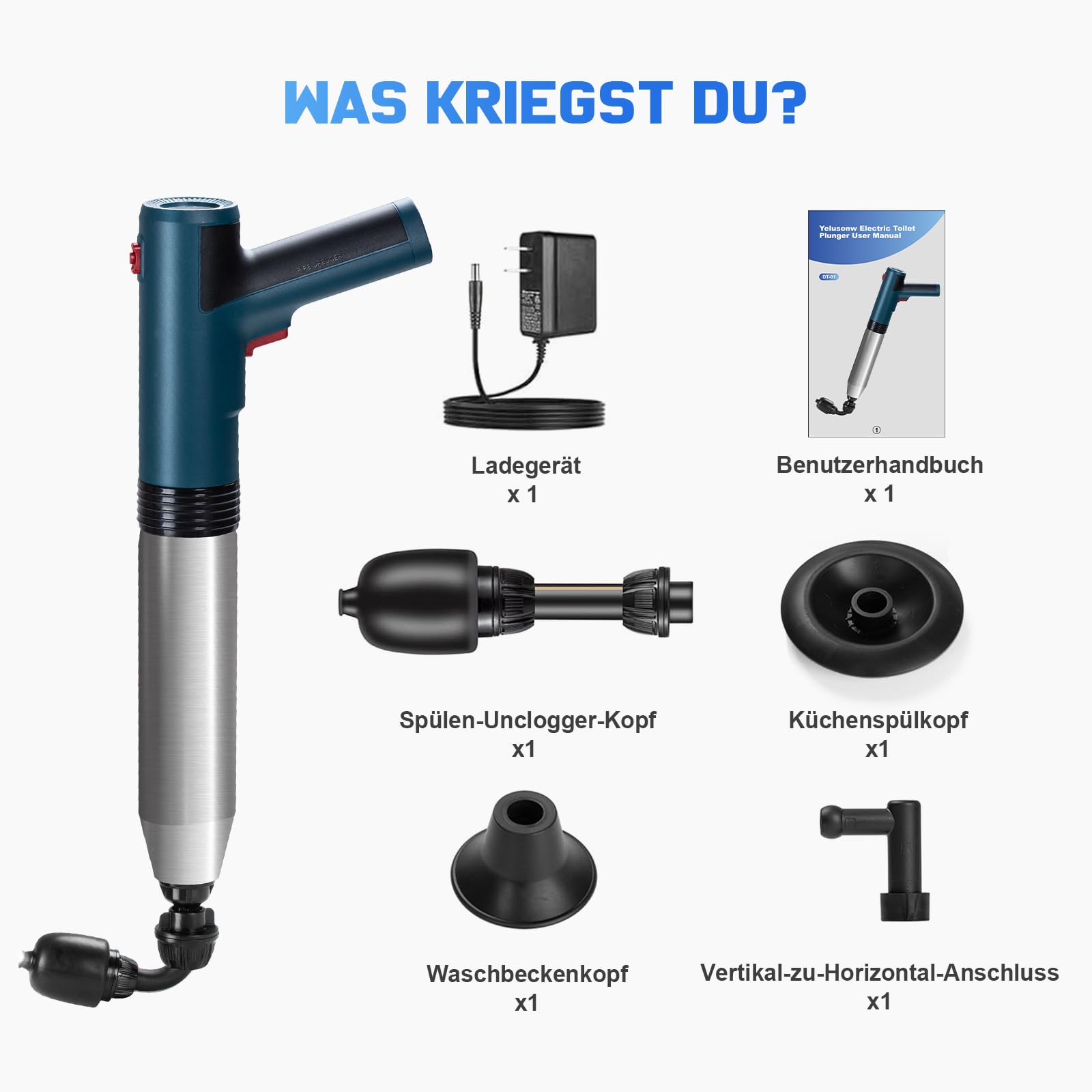 Desatascador Tuberias a Presion Eléctrico con Indicador de Presión de Aire, Desatascador Tuberias con 4 Ventosas, Guantes y Pinza de Garra, Desatascador WC para Inodoros, Tuberías de Cocina