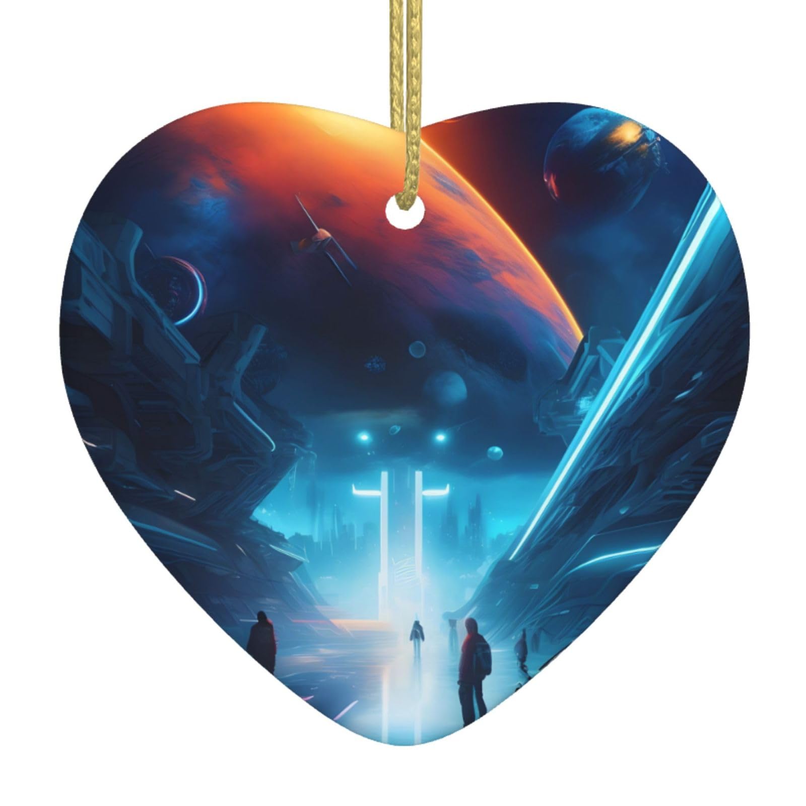 Science Fiction Future Ceramic Christmas Heart Pendant with Silk Thread, Christmas Tree Home Decoration