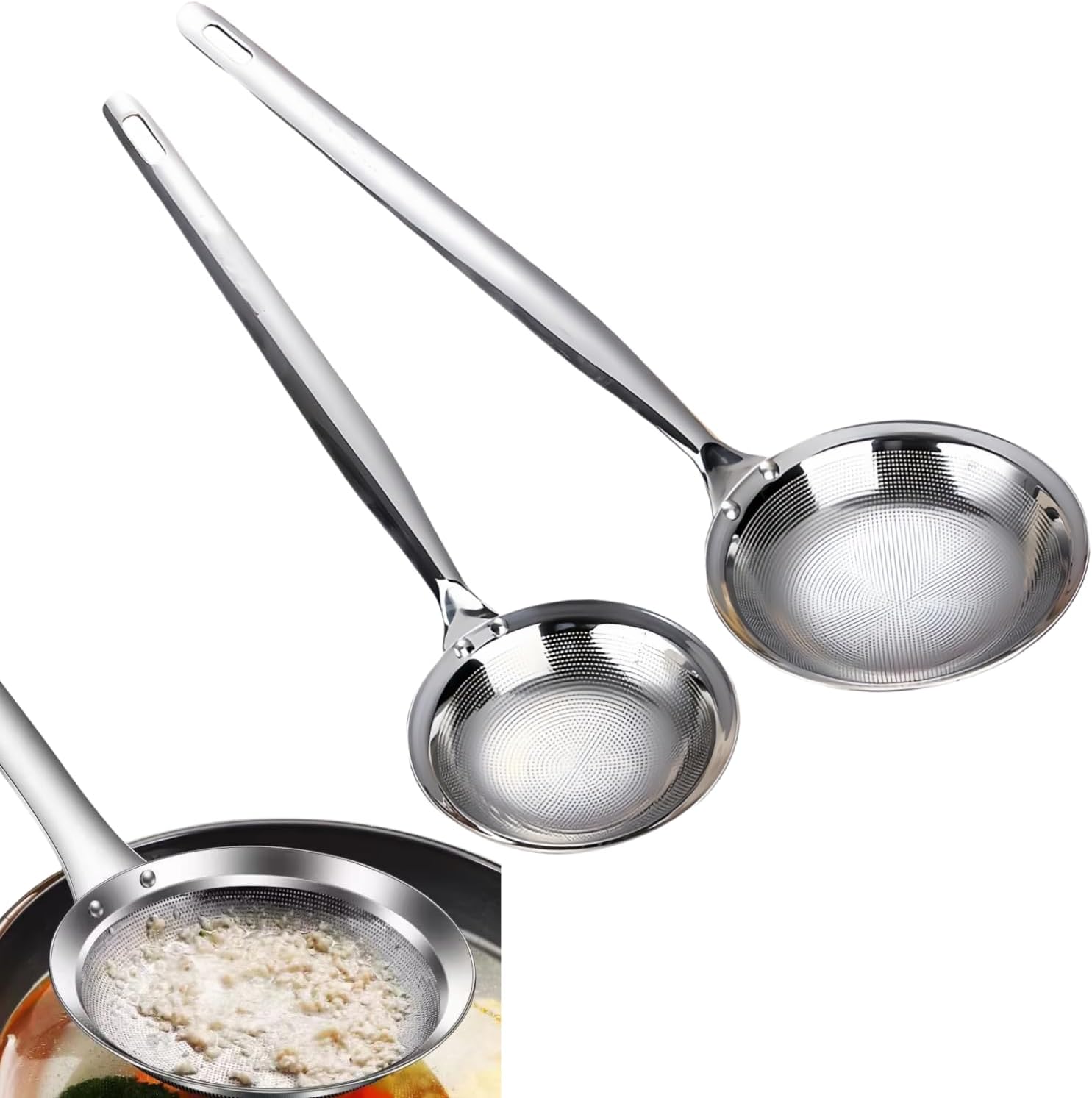 Fine Mesh Strainer, Stainless Steel Fine Mesh Food Strainer with Long Handle for Skimming, Cooking, Frying, Grease and Foam，2 Size