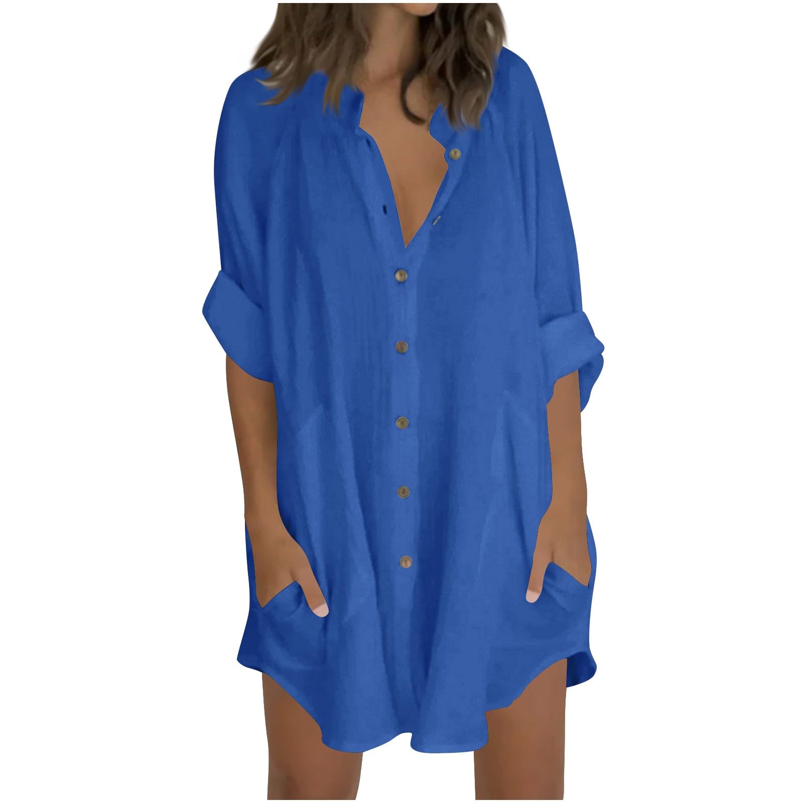 Ssuyeuri Linen Dress for Women Cotton Button Down Short Sleeve Tshirt Dresses Casual Loose Flowy V Neck Mini Beach Dress