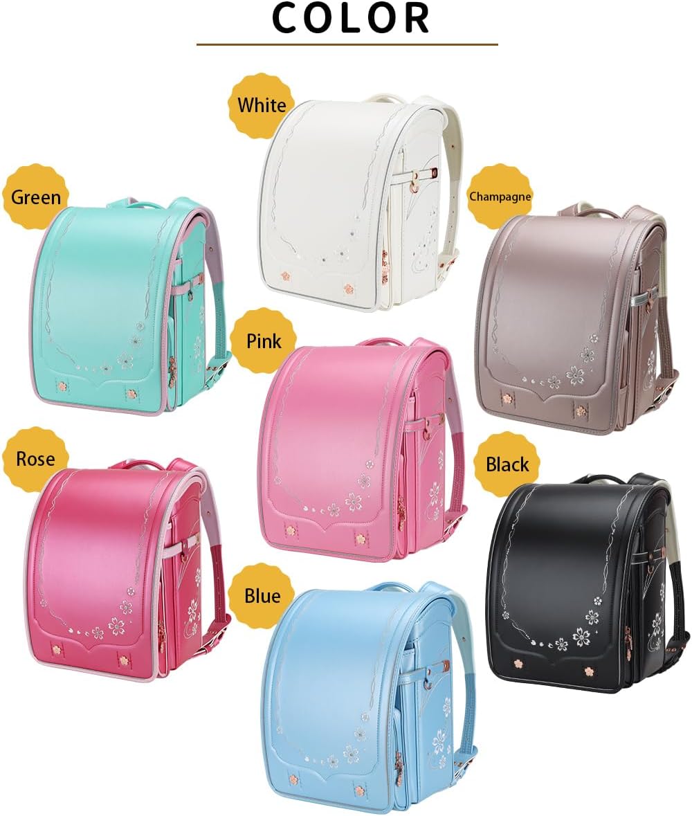 IwaiLoft Ransel Randoseru Backpack Automatic Satchel Japanese School Bag Cherry Blossom Sakura Embroidery PU Bookbag for Girls (Champagne) image 5