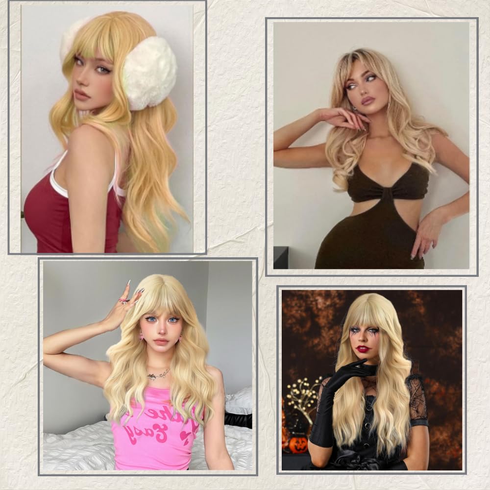 SDXCJY Wave Wig Long Curly Wigs for Women Girls,27’’ Long Wave Blonde Wigs with Bangs,Charming Full Hair Replacement Synthetic Hair Wigs,Ladies Fancy Dress Wig for Cosplay Party and Daily Use (Blonde) - Image 4