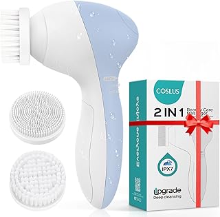 COSLUS Cepillo de limpieza facial Limpiador facial de silicona: Dispositivo de masaje exfoliante eléctrico FBS-D 2 en 1 Limpieza profunda Impermeable Máquina de spa giratoria - Sistema electrónico de