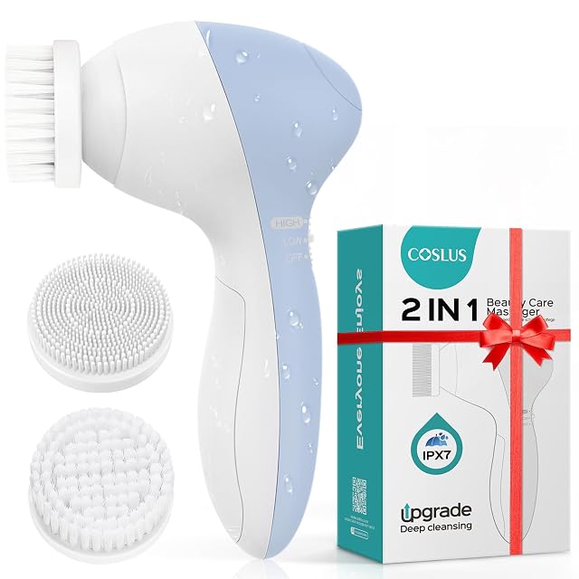 COSLUS Facial Cleansing Brush Silicone Face Scrubber 2 in1 FBS-D Electric Exfoliating Massage Device Waterproof Deep Cleaning Exfoliation