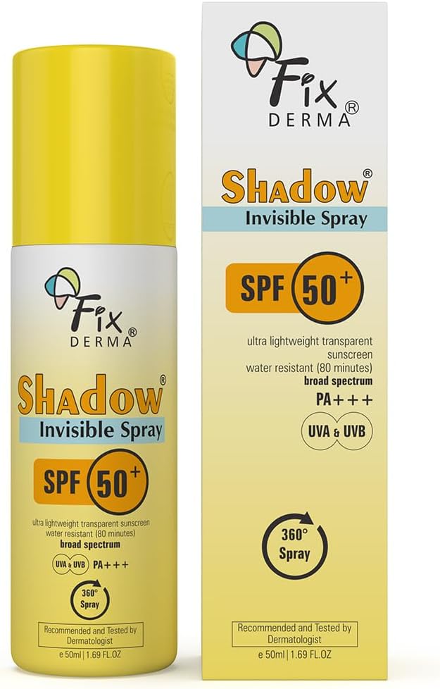 Fixderma Shadow SPF 50+ PA+++ Invisible Spray | Ultra Lightweight Transparent Sunscreen | Water Resistant Broad Spectrum UVA&UVB Sunscreen water resistant, spray for body, fluid sunscreen spray 50ml ( Pack of 1)