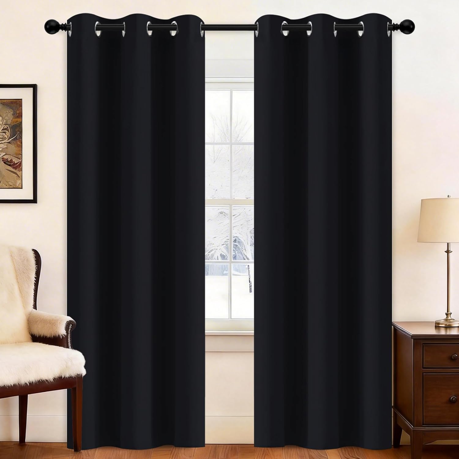 Yakamok Black Blackout Curtains 38x84 Grommet Top Thermal Insulated Panels 2-Pack Bedroom Light Blocking Drapes