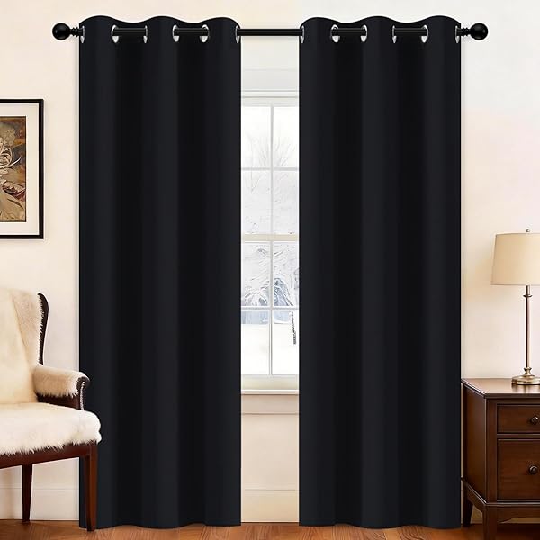 Yakamok Black Room Darkening Grommet Window Drapes Blackout Curtains Thermal Insulated Grommet Curtain Panels for Bedroom, 38W x 84L,One Pair
