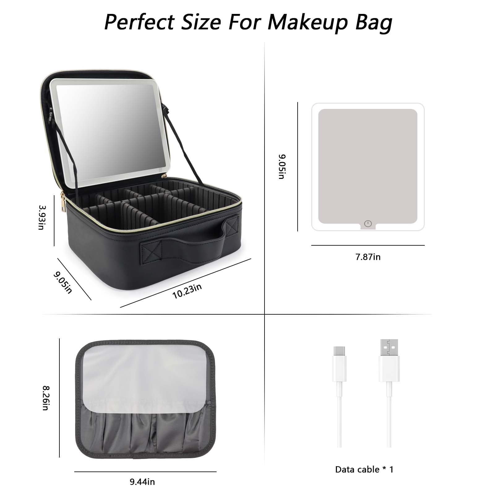 Make-up-Tasche mit LED-Spiegel, Reise-Make-up-Organizer mit 3 beleuchteten Einstellungen, verstellbaren Trennwänden und Make-up-Pinsel-Aufbewahrung, Schwarz, Die große Reise-Make-up-Tasche mit