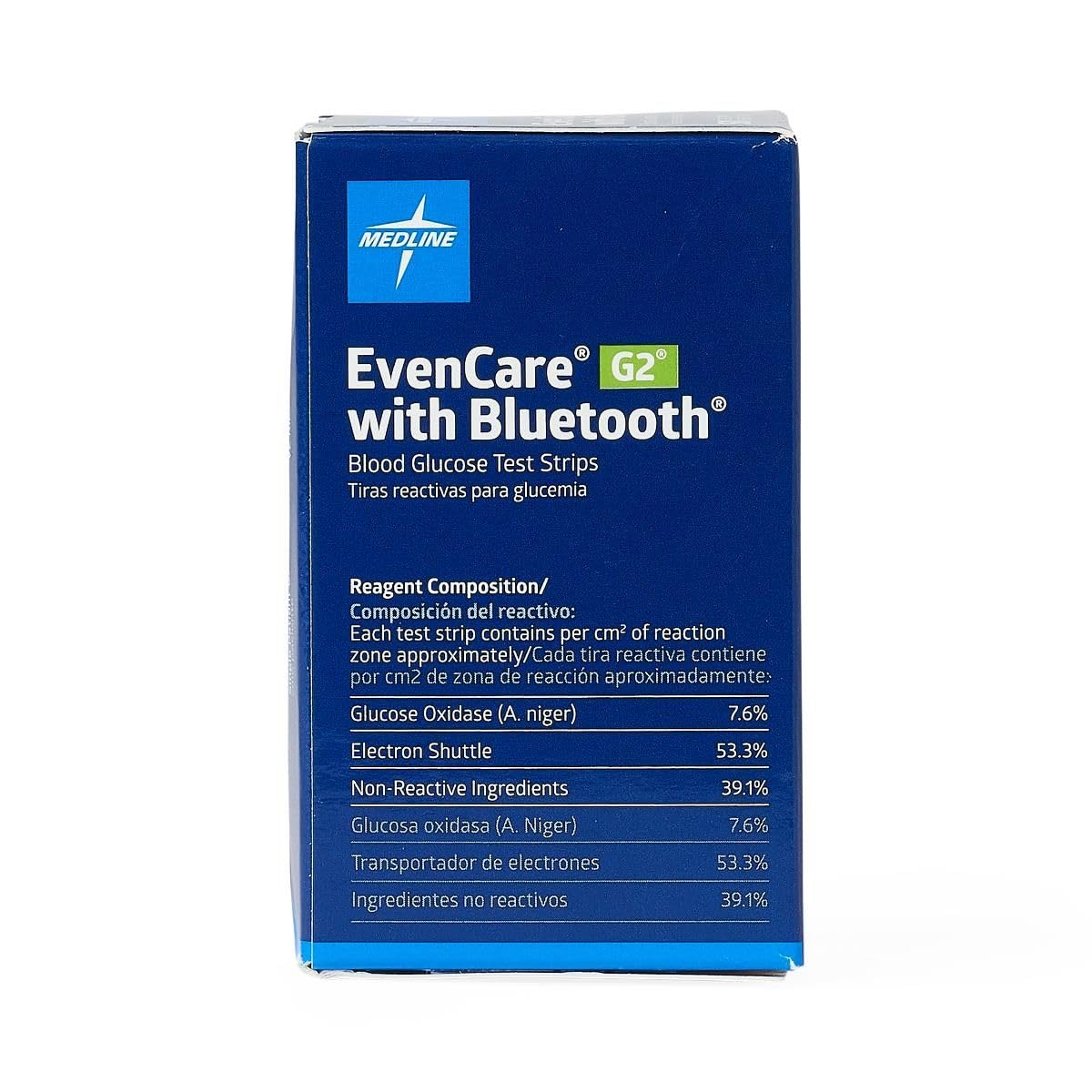 Back of Medline EvenCare G2 with Bluetooth Test Strips box showing reagent composition