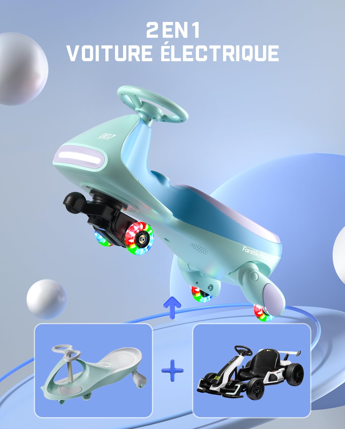 FanttikRide 12V N7 Pro Voiture Électrique Enfants, Anti-Bascule, Ergonomique, 2 en 1, 2 Vitesses, Roues Clignotantes, Bluetooth, Chargement Type C, pour Enfants à Partir de 3 Ans,Bleu Glacier.