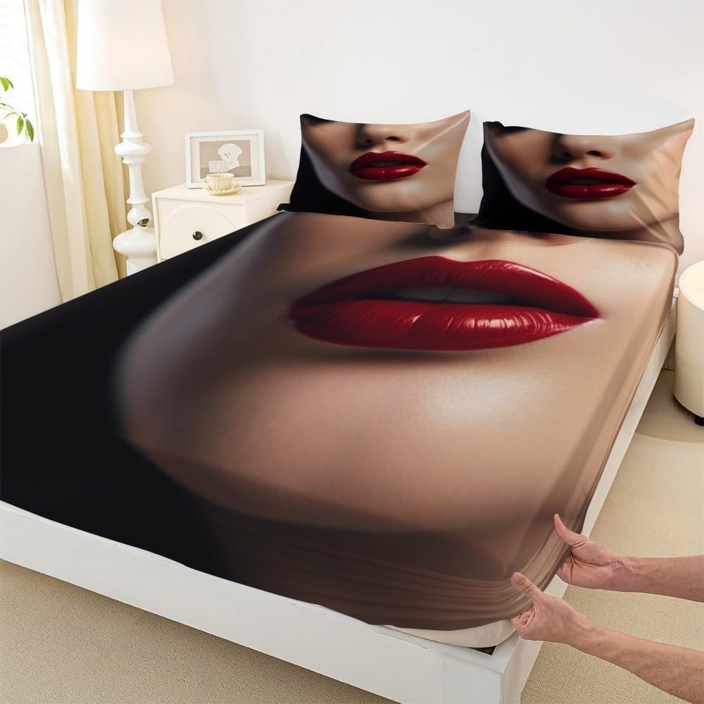 Sabana Bajera 180x200 Labios Rojos Sabanas Bajeras Estampadas Rostros Sábana Bajera Ajustable Suaves, Elastico Funda Colchon con 2 Funda Almohada 50x80 cm, para Colchón de 30cm de Altura