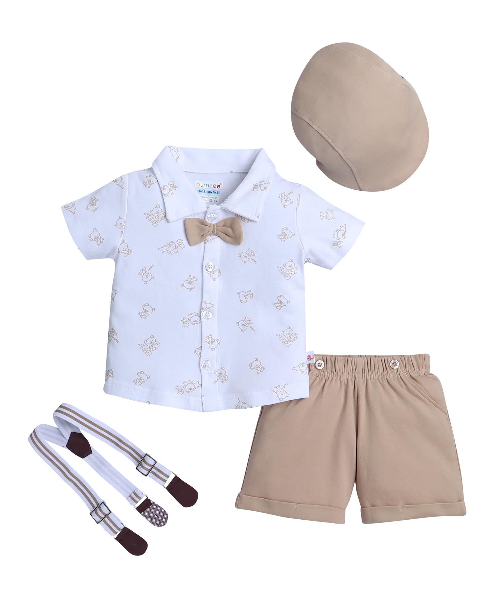 bumzee Boys Cotton Half Sleeves Shirt & Short Set With Bow Suspender & Cap-picture-33