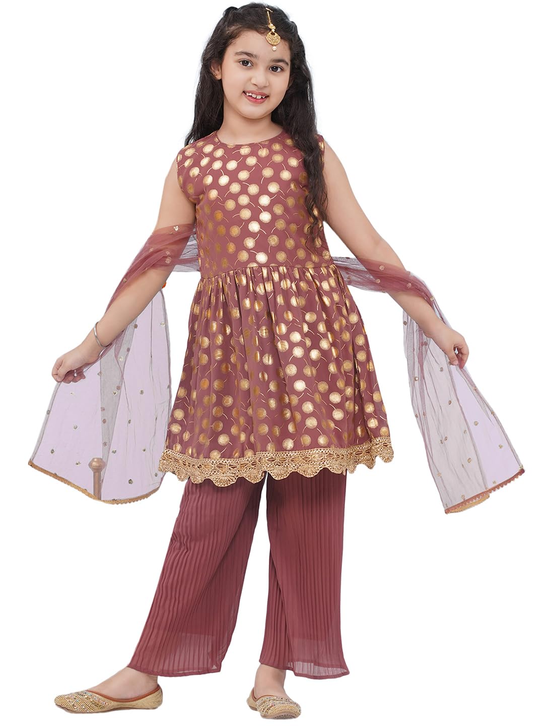 AJ DEZINES Kids Ethnic Wear Motif Foil Printed Frock Style Salwar Suit Set For Girls With Dupatta