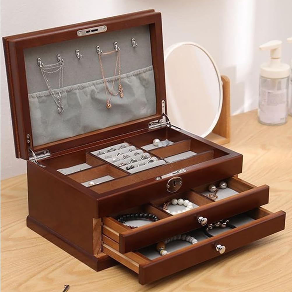 Hlixzoy Three-Layer Wooden Jewelry Storage Box – Large Capacity Drawer Organizer, Portable Jewelry Stand & Display Case for Rings, Necklaces, Earrings