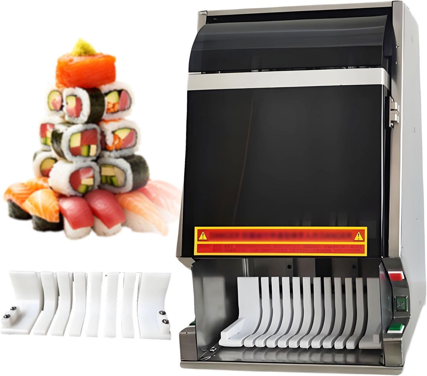 Automatyczna maszyna do robienia sushi z wałkiem tnącym ze stali nierdzewnej, ostrym i trwałym ostrzem, idealna na bufety i bankiety, w zestawie 12-elementowy komplet noży tnących