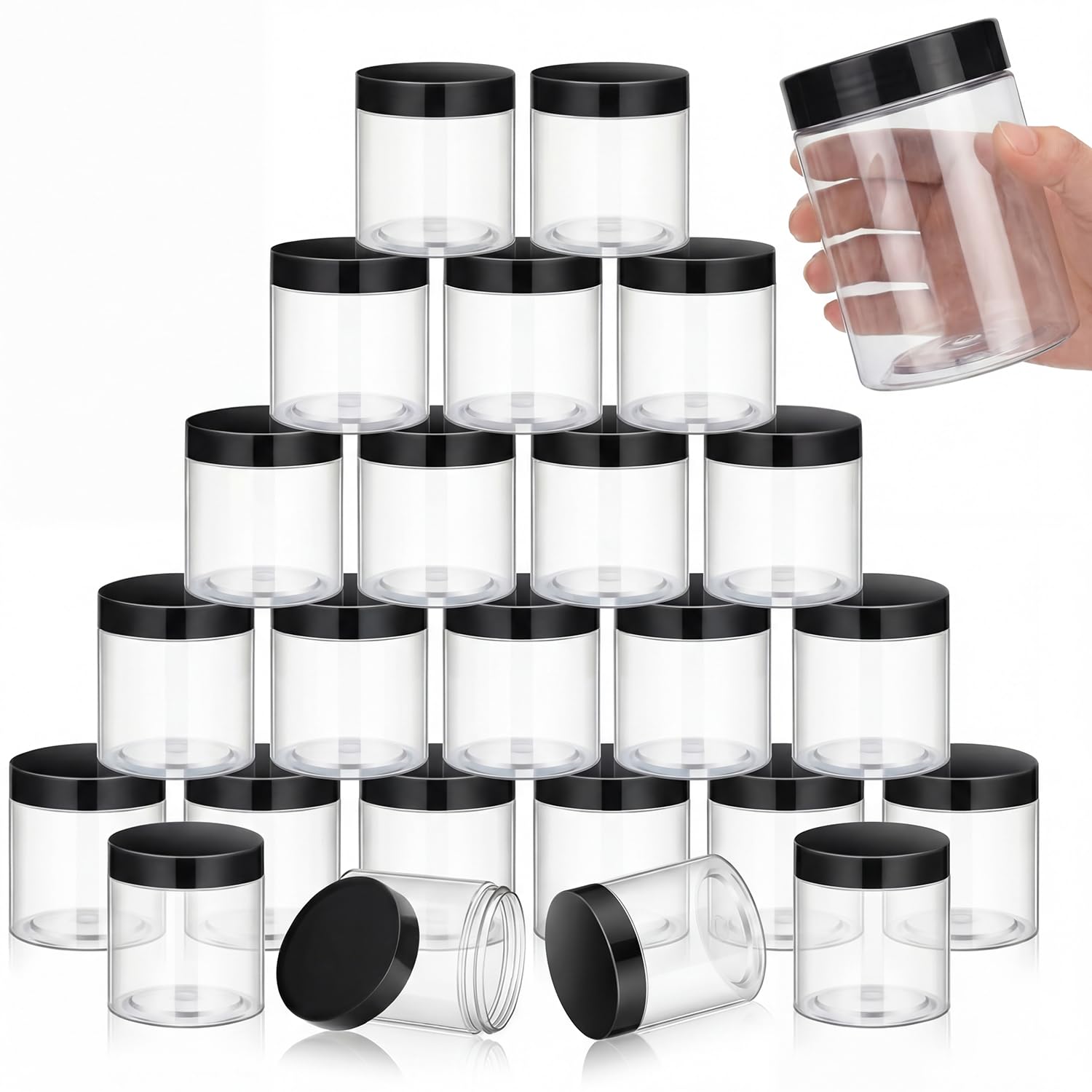 SATINIOR 24 Pieces Clear Plastic Jars with Lids, Black Lid, 16 oz