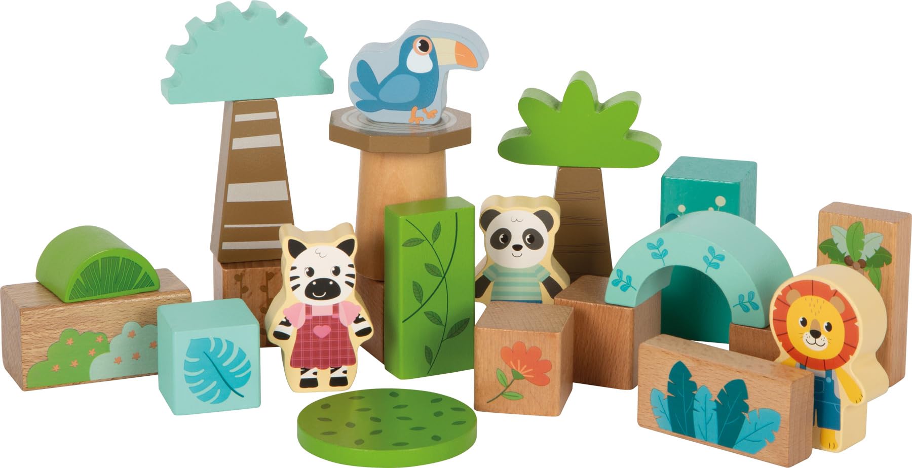 Small Foot Blocchi da Costruzione in Legno Jungle Friends,FSC® 100% Certificato, 50 Pezzi, Legno al Naturale e colorato, da 1 Anno, 12768