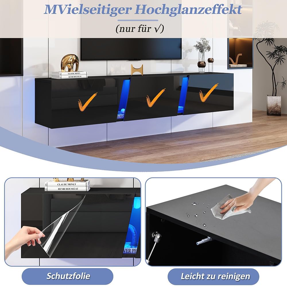 Sweiko Meuble TV Suspendu Noir Brillant avec LED App