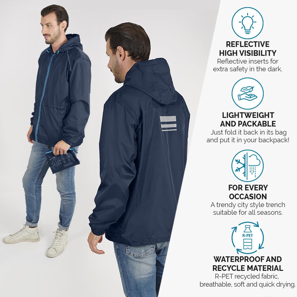 PERLETTI Veste Homme Impérmeable à Capuche Détails Réfléchissants - Coupe Vent Homme Résistant Léger Sport Running Pliable - Poncho Veste de Pluie Neige Impermeable Voyage Fluo Hiver