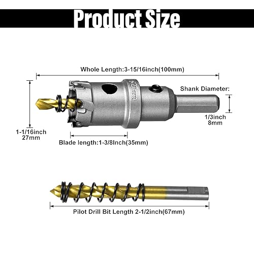 Miniatura 3 de SALI 1-1/16" (27mm) Kit de sierra perforadora TCT con punta de carburo de tungsteno Broca de sierra perforadora con punta de carburo con broca