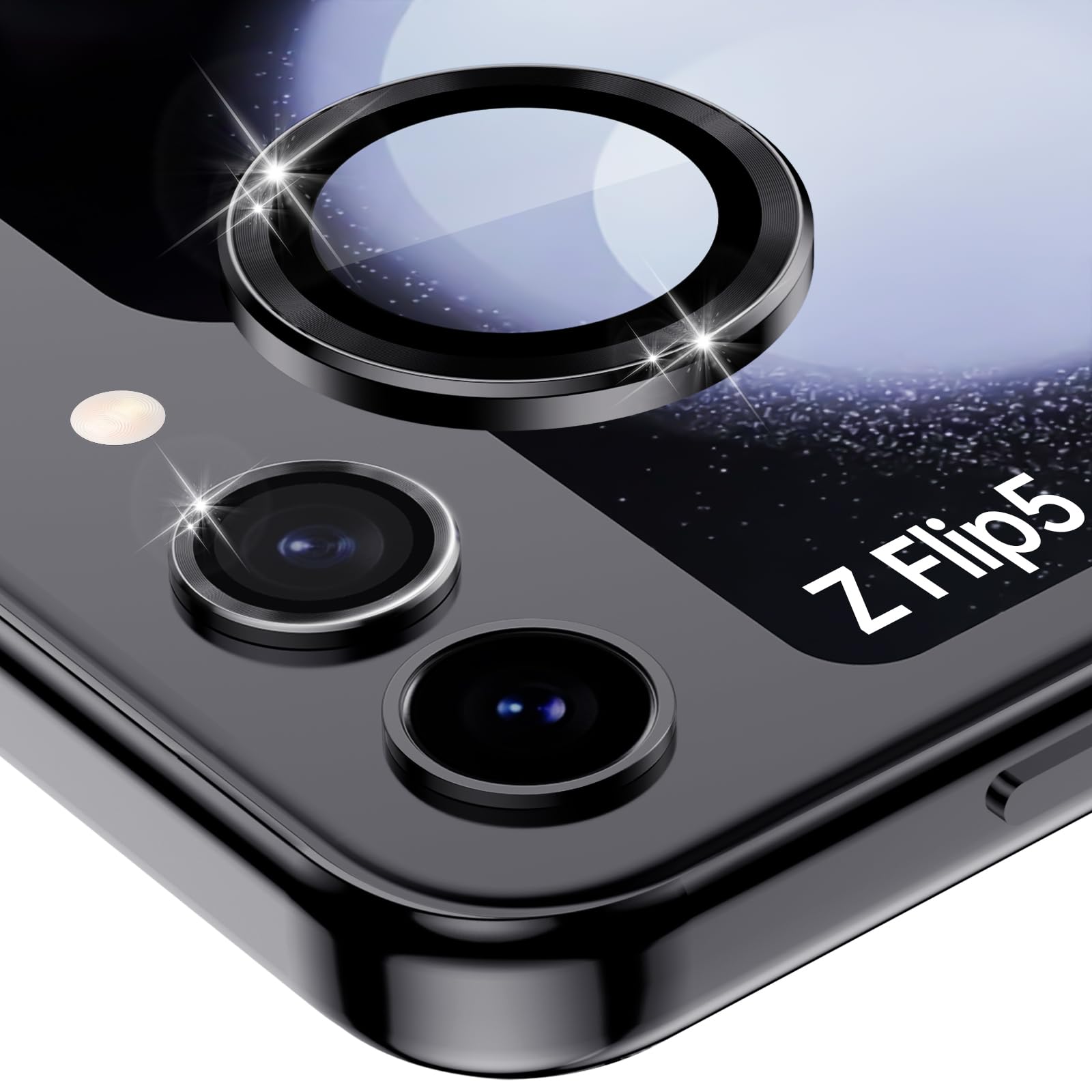 Vizvera Samsung Galaxy z flip 5 Camera Lens Protector w/Metal Rings -9H Tempered Glass-Durable Anti-Scratch Tech & Anti-Shatter-Ultra HD View with Night Shooting & Case Friendly, Easy Install-Black