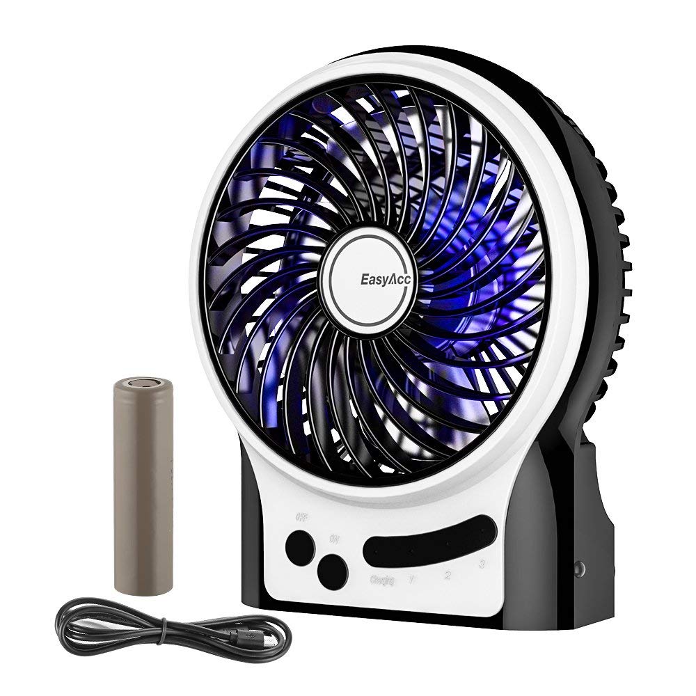 EasyAccEasyAcc Rechargeable Portable Mini USB fan with Upgrade LG 2600mA Battery,with Internal and Side Light, 3 Speeds, Personal Cooling for Traveling,Boating,Baby Stroller,Fishing,Camping - Black