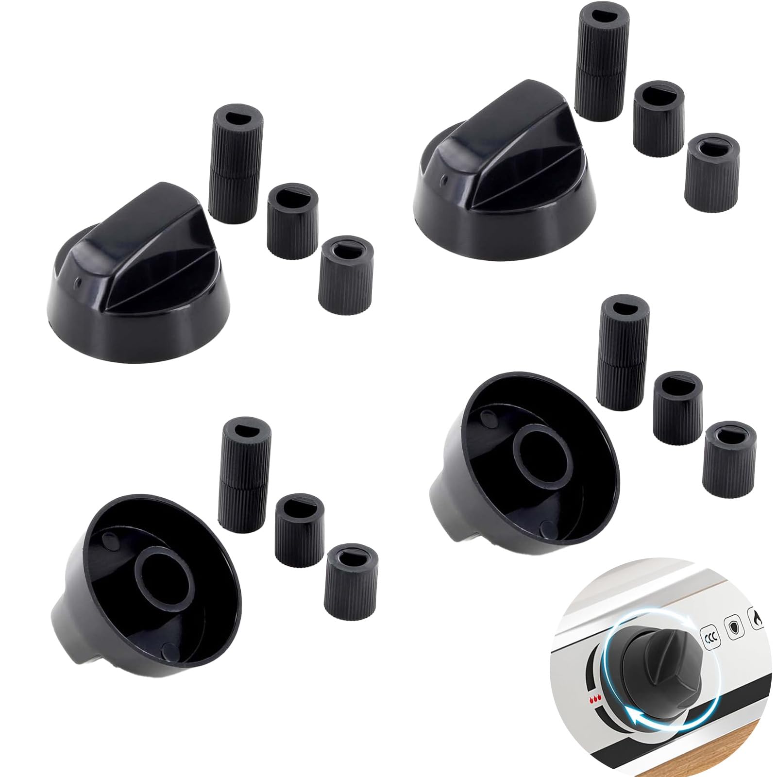 Boutons de Plaque de Cuisson Universels, Pack de 4 Boutons Rotatifs en Noir, Compatibles avec la Majorité des Plaques de Cuisson, Fours et Gazinières Électriques, Inclus 12 Adaptateurs - 2