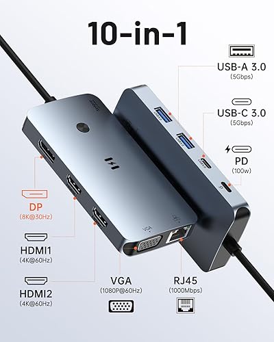 Miniatura 2 de Estación de acoplamiento USB C Adaptador de monitor HDMI dual, Selore USB C Hub 3 monitores con doble HDMI, Displayport, VGA, carga PD de 100 W,