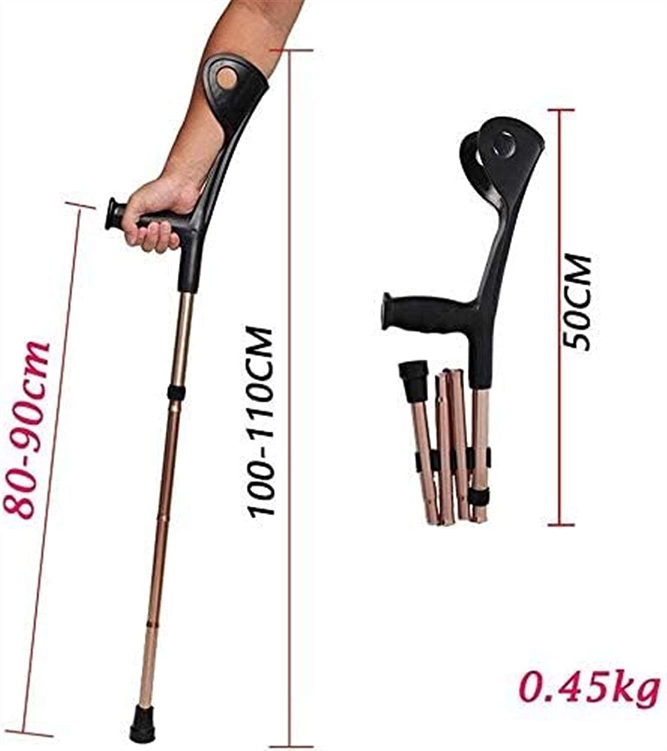 Muletas de antebrazo Bastones ajustables Muleta de codo plegable aleación de aluminio cuatro pliegues codo antebrazo muleta codo muletas plegables asistencia de aluminio altura ultraligera ajustable
