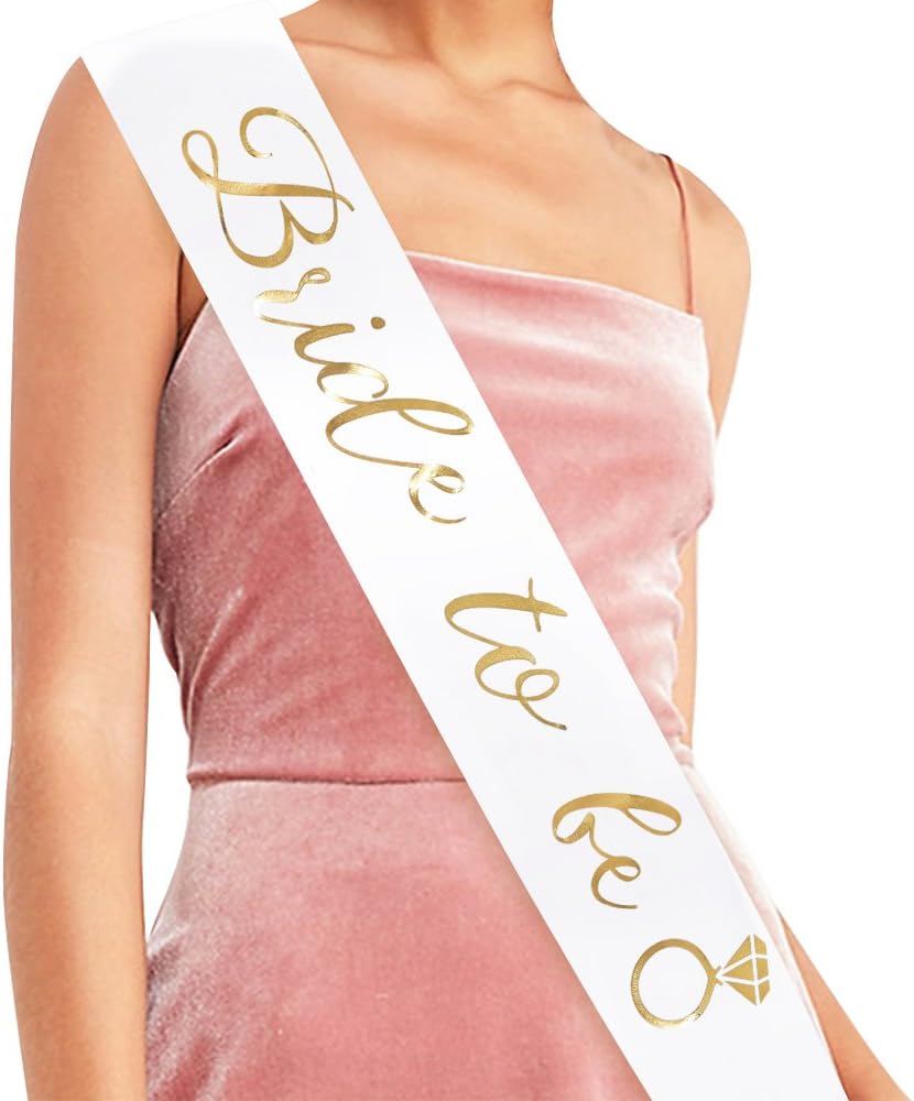 "Bride to Be" Sash - Bachelorette Party Bridal Shower Wedding Decorations Bride Accessories & Gifts (White with Gold Lettering)