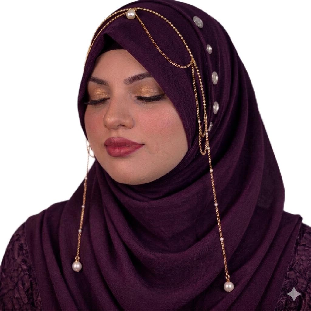Pearl Embellished Gold Chain Hijab, Deep Purple, chiffon Fabric, Elegant Bridal Style-image-48