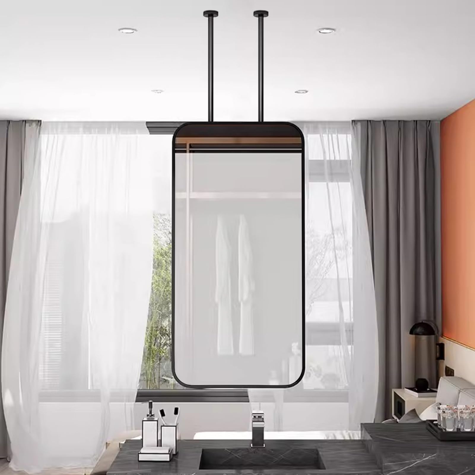 FGXHHS , Ceiling Mounted Mirror with Rectangle Black Metal Frame,Square Wall Decorative Mirrors for Vanity(Boom can be customizable) (Size : 50x60cm)