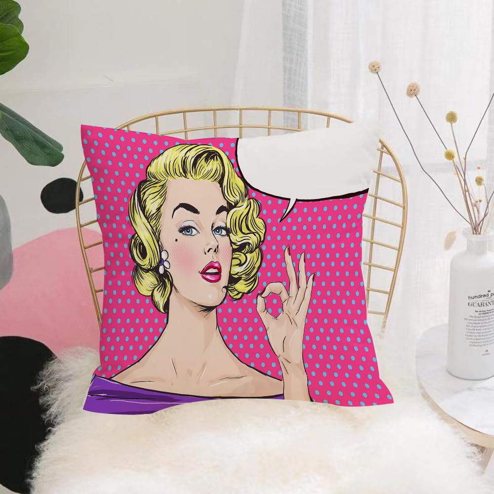 HYOSXW Cushion Cover,Throw Pillow Case Home Decorative for Living Room Bedroom Sofa Chair 16X16 Inch,Pop art blonde girl. Ok hand. Empty speech bubble. Text box. Pink dots backgrou,Pillowcase 40X40cm
