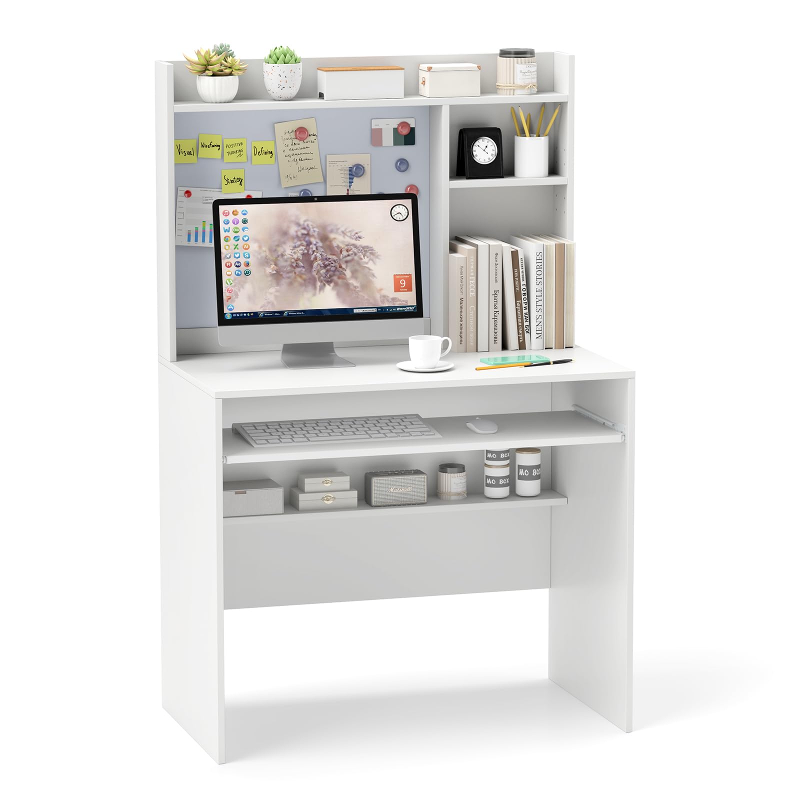 COSTWAY Bureau met magnetisch prikbord, kleine computertafel met opzetstuk, toetsenbordlade en verstelbare plank, pc-tafel, bureautafel voor thuiskantoor, 89 x 50 x 138 cm, wit