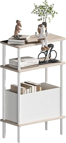 Miniatura 1 de Mesa auxiliar estrecha con cesta de tela, mesa auxiliar para espacios pequeños, mesita de noche delgada con estante de almacenamiento de 3 niveles,