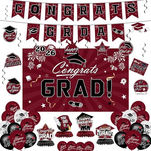 Graduation Decorations 2026 Set - Maroon Themed Congrats Grad Banner Backdrop Hanging Swirls Balloons - Complete Party Supplies for High School College Graduation Decorations