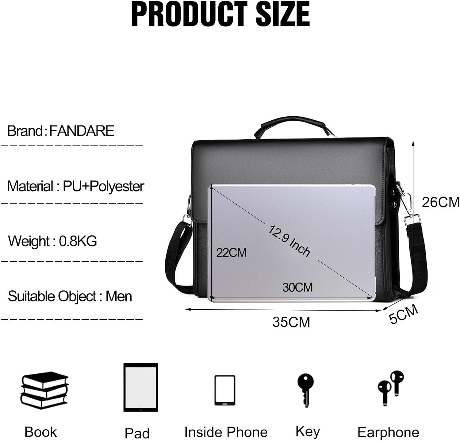 FANDARE Laptop Briefcase Men Notebook Case PU Leather Document Case Cross-Body Shoulder Messenger Bag 12.9 inch Laptop Handbag Work Travel Business School Professional Waterproof Bag Black