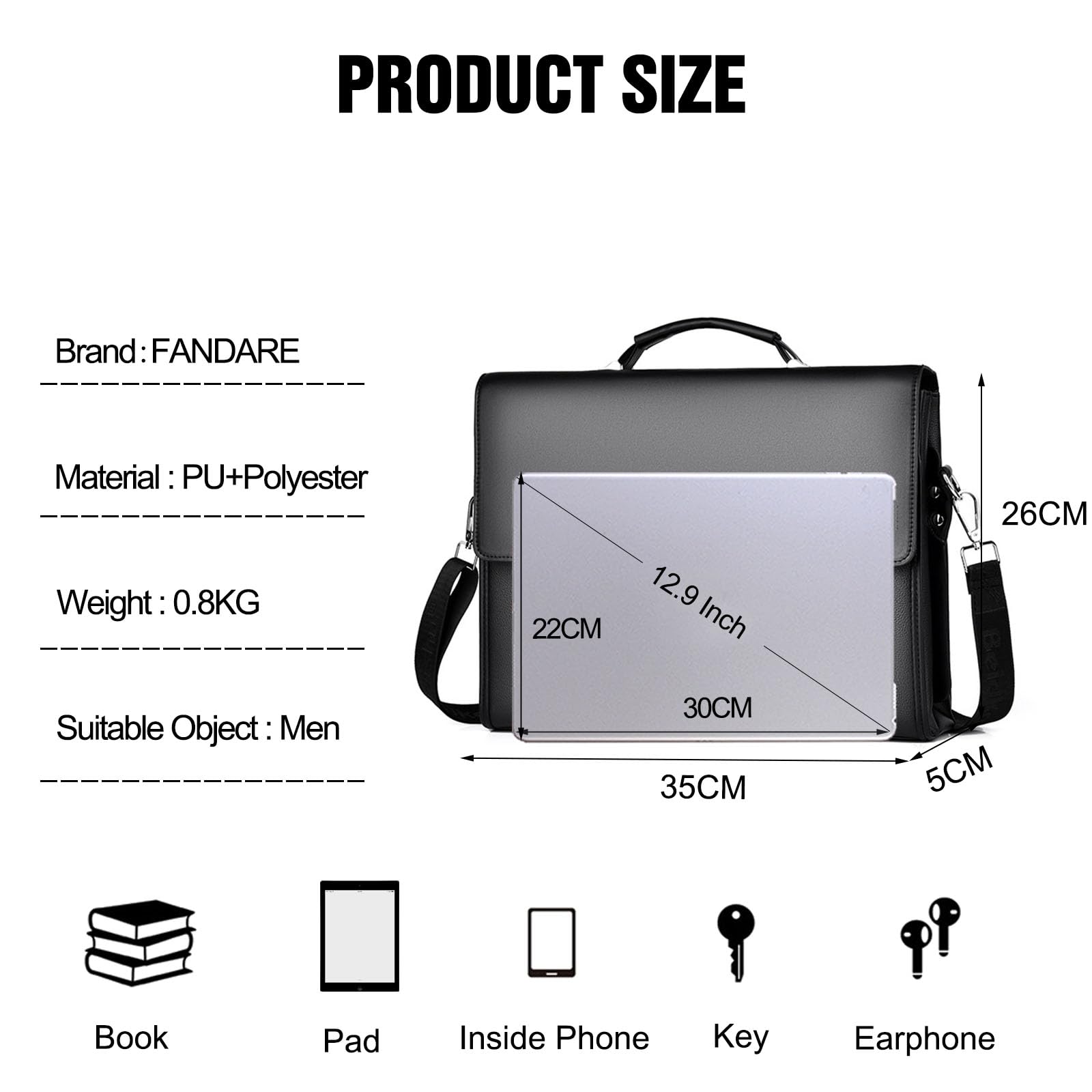 FANDARE Maletín Hombres Portafolios Bolsos Bandolera PU Cuero Bolsas de mano para 12.9 Pulgada Laptop Bolsa de Mensajero Bolso de Hombro Business Bolsa de Mano para Viaje Negocio Messenger Bag