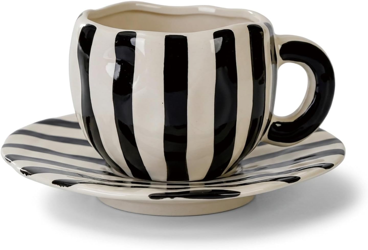 Retro 12oz Cappuccino Coffee Mug with Saucer, Black and White Stripe Latte Art Mug & Tea Cup and Saucers, Cute Ceramic Mug Set for Cafe, Home, Office