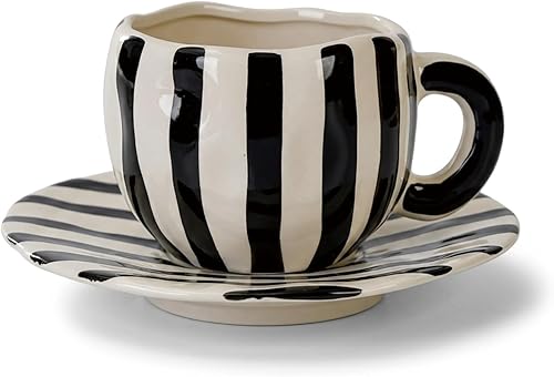 Tazas de café retro grandes de capuchino, 12 oz/12.2 fl oz con rayas blancas y negras, taza de té y platillos, juego de tazas de cerámica para café,