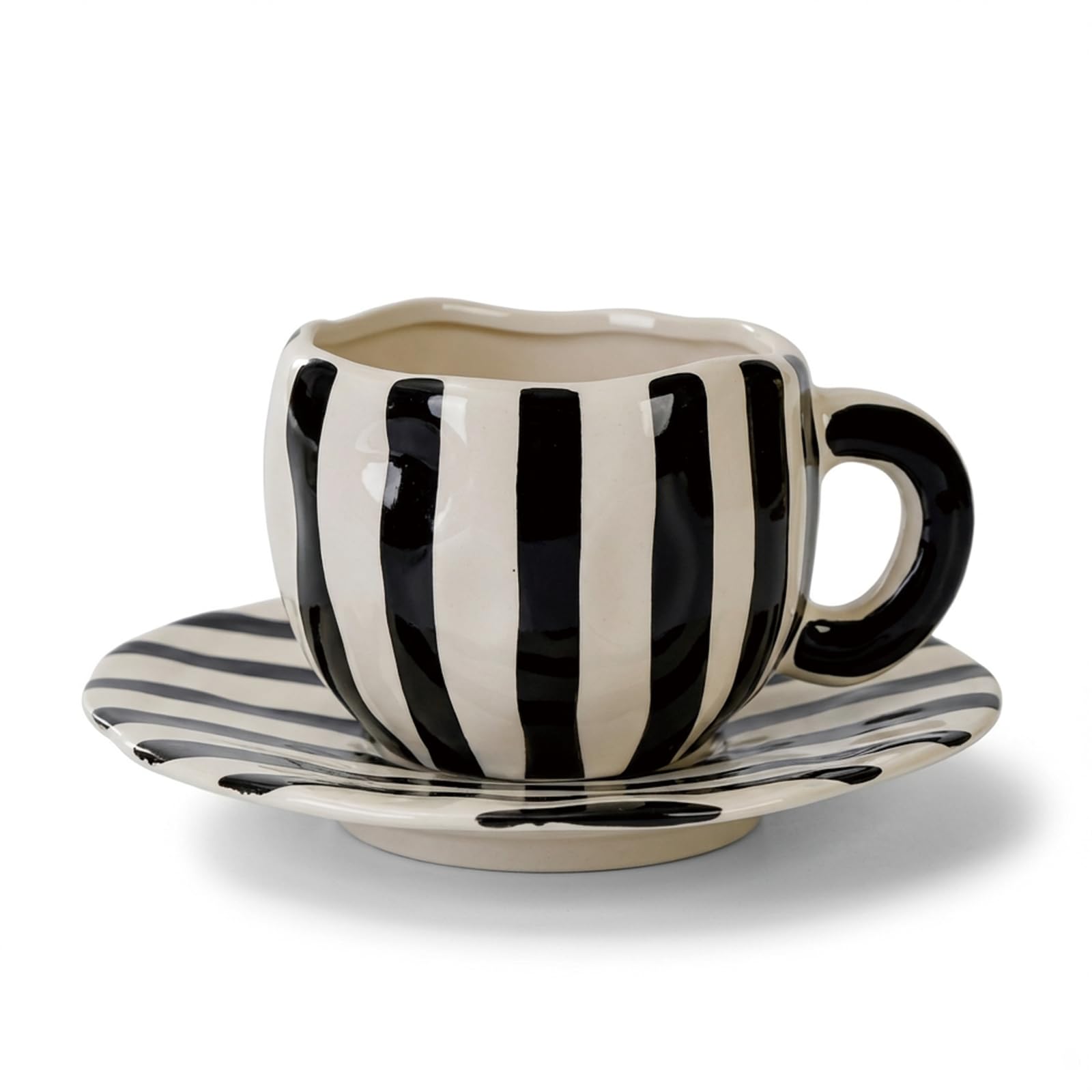 Retro 12oz Cappuccino Coffee Mug with Saucer Black and White Stripe Latte Art Mug Tea Cup and Saucers