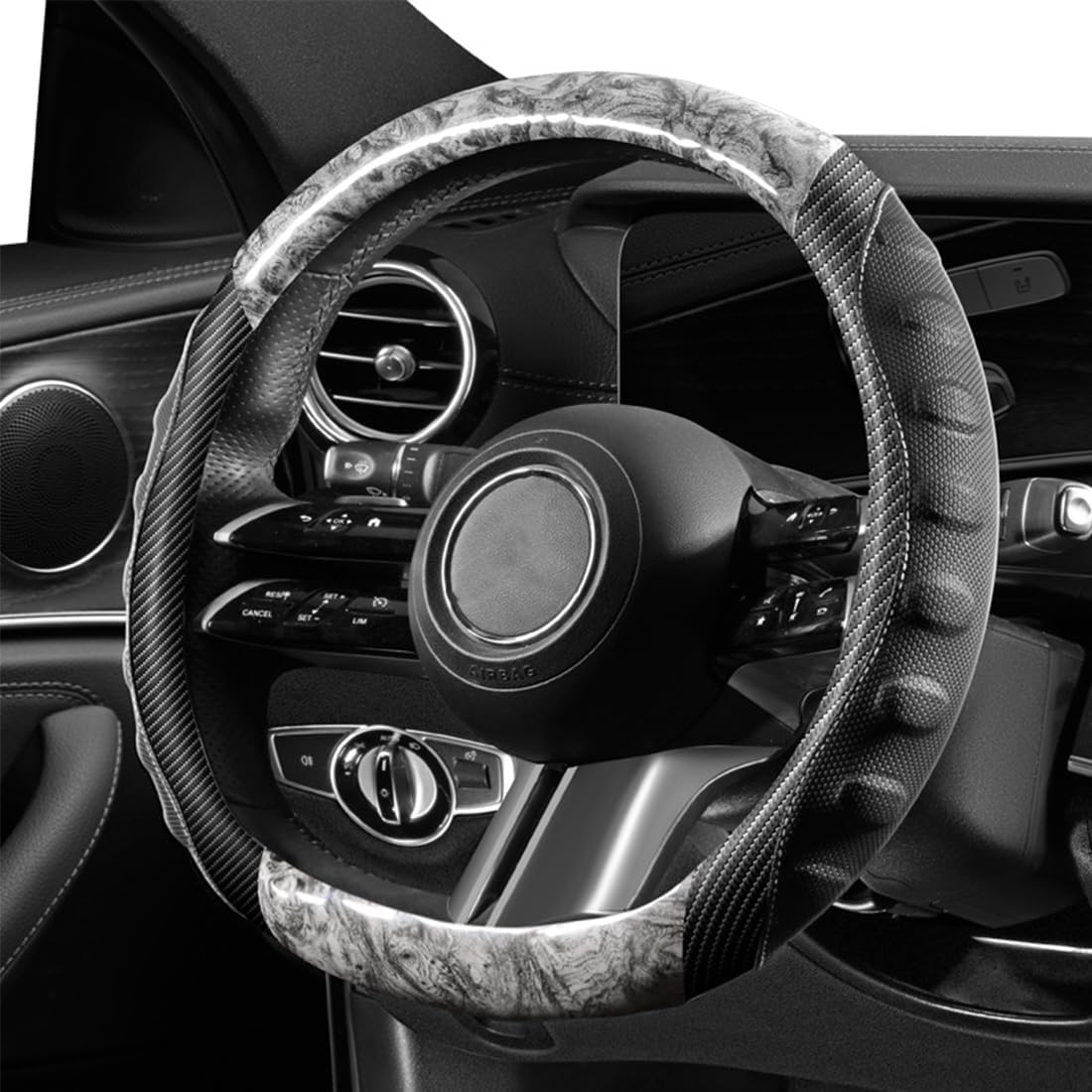 Business Style Crystal Peach Wood Steering Wheel Cover Carbon Fiber Leather Round Handle Cover Grey-