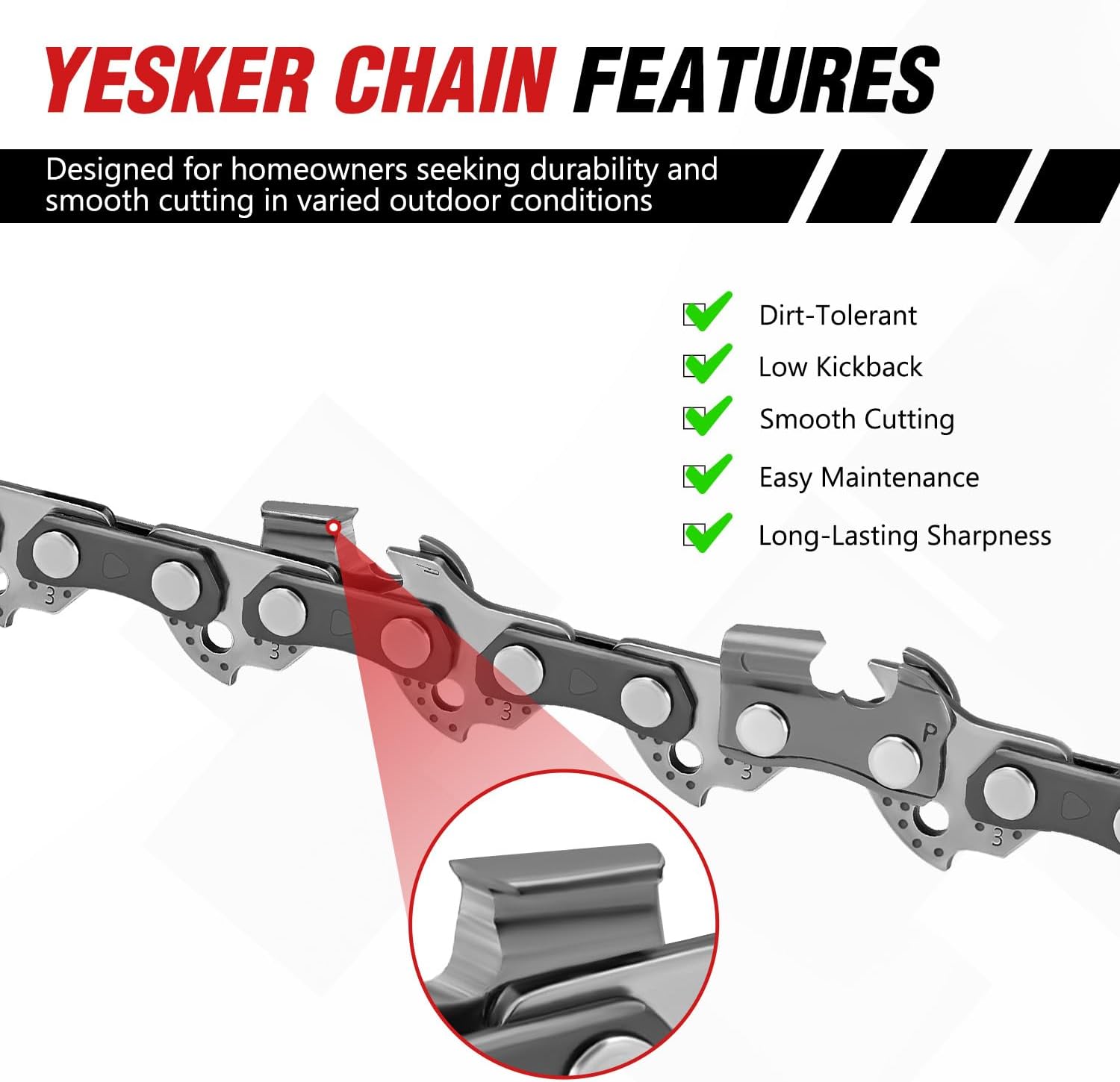 YESKER 3-Pack 18 Inch Chainsaw Chain, 3/8" LP Pitch, .050" Gauge, 62 Drive Links, Low Kickback - Semi Chisel