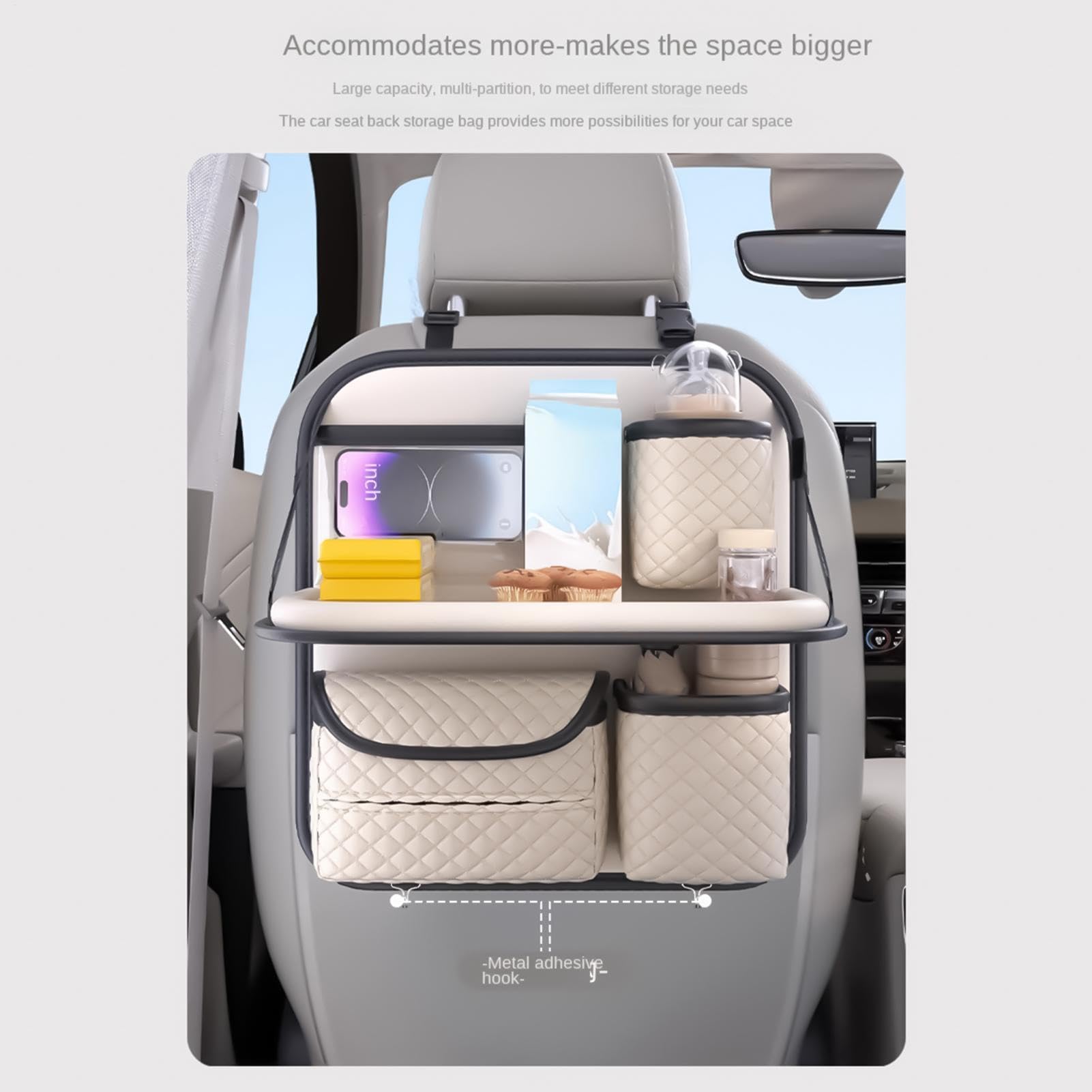 Organizer per sedile posteriore auto con vassoio anti-fuoriuscita sacchetto con porta fazzoletti | Protezione posteriore per sedile auto con supporto per telefono per bevande per viaggi in famiglia e pendolari
