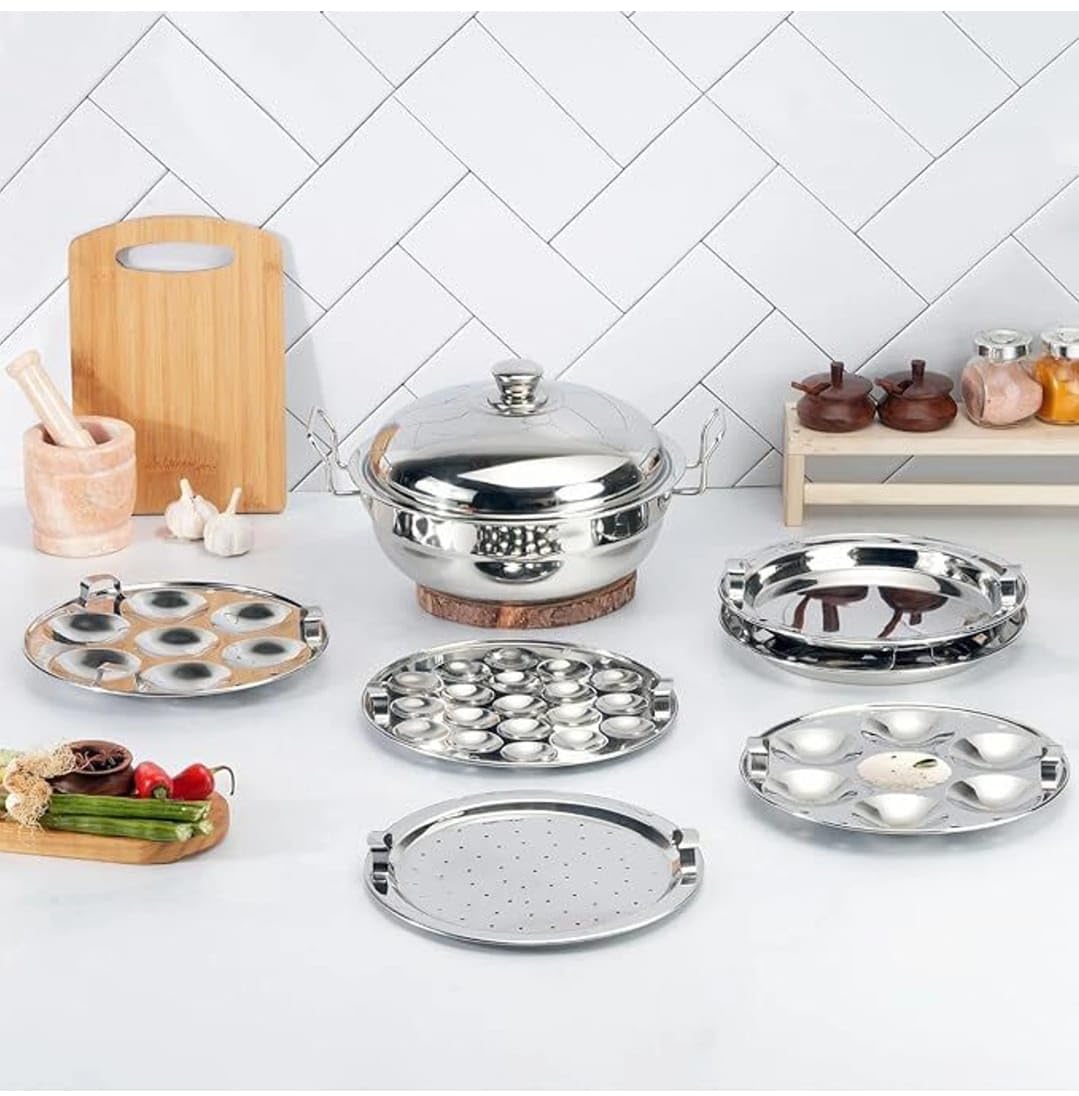 WayMore® Stainless Steel Idli Cooker Multi Kadai Steamer with Induction Bottom All-in-One Big Size 6 Plate, 2 Idli | 1 Mini Idli | 2 Dhokla | 1 Patra | Momo's | 4 in 1 | 28.5 cm Dia.