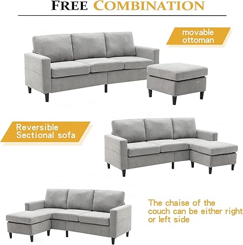 Miniatura 4 de Recaceik Sofá de 3 plazas práctico bolsillo lateral sala de estar sofá en forma de L con otomana móvil para espacio pequeño tapizado moderno gris