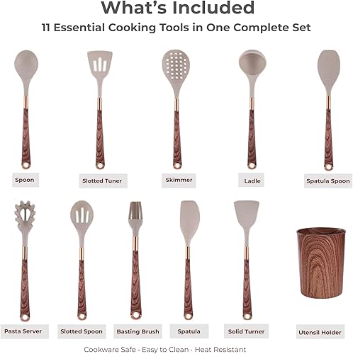 Miniatura 9 de Juego de 11 utensilios de cocina con soporte, juego de utensilios de cocina de silicona, resistentes al calor, antiadherentes, utensilios de