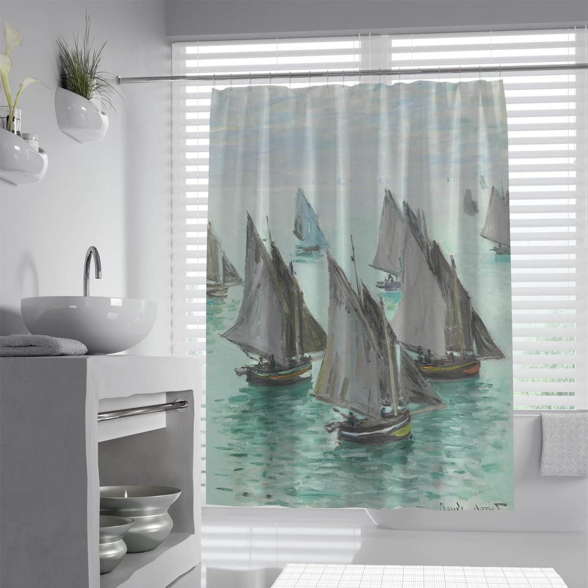 UIRINGART Claude Monet Fishing Boats at Sea Shower Curtain W200xL220cm Impressionism Vintage Sailboat Ocean Seascape Anti Mould Mildew Resistant Waterproof Fabric Bathroom Curtains with Hooks